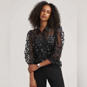 Anne Klein Black Sheer Floral Appliqué Blouse 3/4 Sleeve Size Small